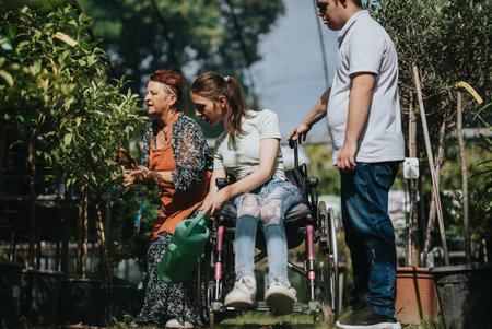 Elderly woman with diverse individuals gardening together outdoorsの写真素材