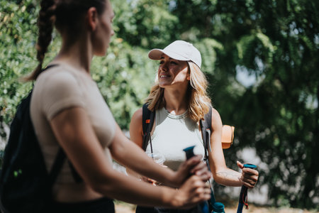 Two women enjoying a hike in nature with trekking poles and backpacksの写真素材