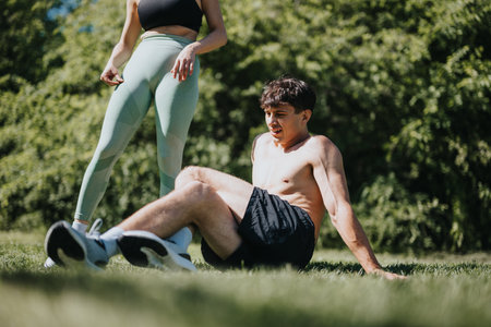 Young athletes exercising in a sunny park, focus on fitness and sportsの写真素材