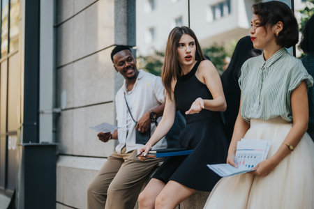 Diverse group of young professionals having a discussion outdoors during a casual business meeting