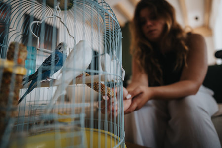Woman feeding pet budgerigars in a cozy home environment