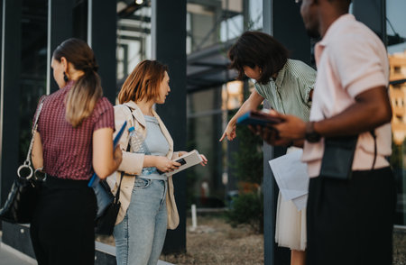 Group of young business people meeting outdoors with digital devicesの写真素材
