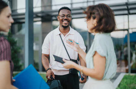 International business professionals conversing in urban outdoor settingの写真素材