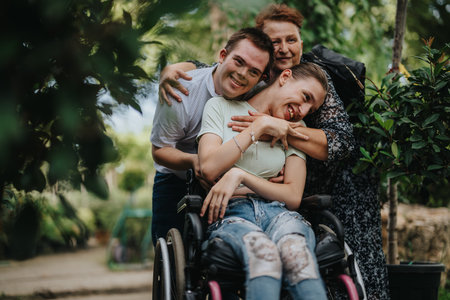 Family bonding with boy with Down syndrome and girl in wheelchairの写真素材