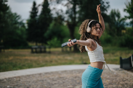 Happy young girl dancing in a park with headphones onの写真素材