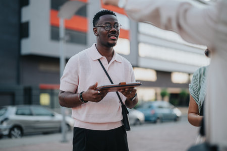 Multicultural business team engaging in an outdoor meetingの写真素材