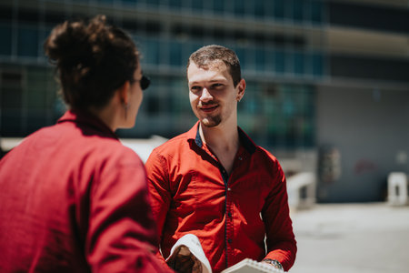 Young businesspeople having a friendly meeting outdoors in casual attireの写真素材