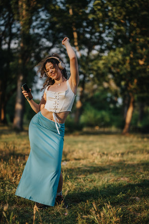 Young woman joyfully dancing in the park with headphones onの写真素材