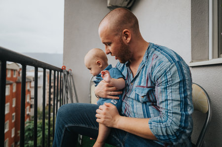 Father bonding with baby on a balcony in casual attireの写真素材