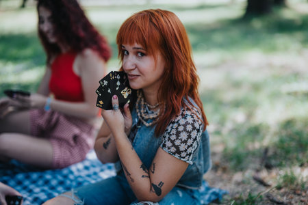 Young woman playing cards with friends at an outdoor picnic on a sunny dayの写真素材