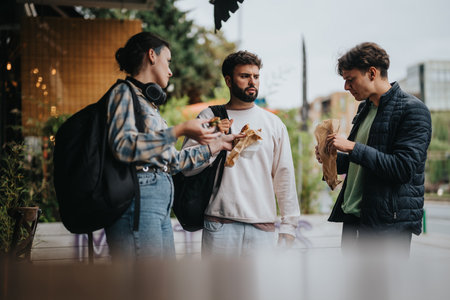 College students enjoying snacks during an outdoor breakの写真素材