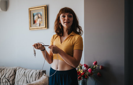 Young woman holding a phone charger in a living room setting