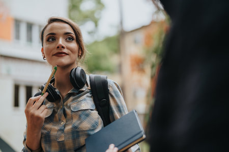 Thoughtful student outdoors holding a notebook and pencilの写真素材