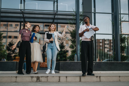 Diverse group of business people meeting outside an office building