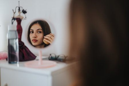 Woman applying makeup while looking in a round mirror at homeの写真素材
