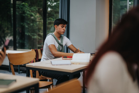 Focused student studying in a classroom during daylightの写真素材