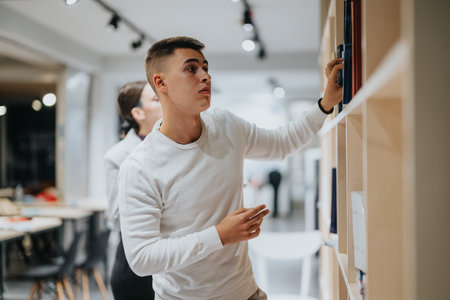 High school students selecting books from library shelvesの写真素材