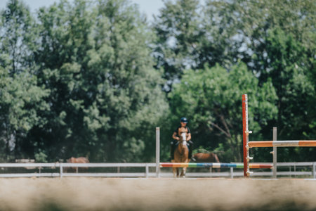 Equestrian rider training horse in outdoor arena with colorful jump poles and green trees in backgroundの写真素材