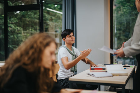 Engaged students participating in a classroom discussionの写真素材