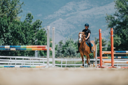Horse rider showcasing skill in equestrian jump event with colorful obstacles in a sunny outdoor settingの写真素材