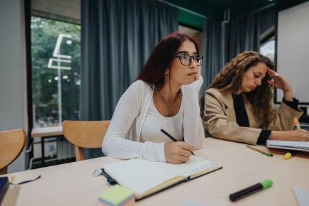 Focused students taking notes during a classroom lectureの写真素材