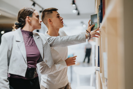 High school students in a library selecting books for researchの写真素材