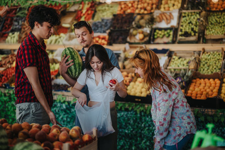 Friends buying fresh fruits and vegetables from a local greengrocerの写真素材