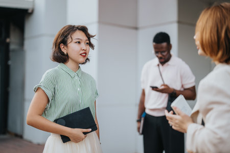 Multicultural business team having a meeting outdoorsの写真素材