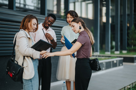 International business team discussing project in urban settingの写真素材