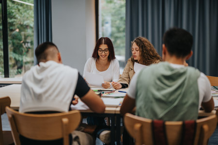 Students collaborating around a table in a study environmentの写真素材