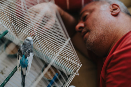 Man relaxing beside a birdcage with a pet bird insideの写真素材