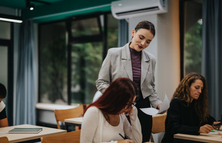 Teacher assisting students in modern classroom setting with natural lightの写真素材