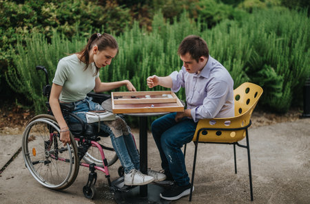 Boy with Down syndrome and girl in wheelchair playing backgammon outdoors