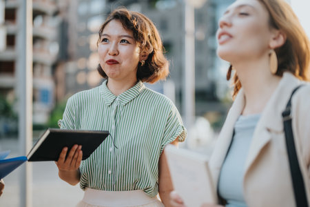 Multicultural business team in outdoor meeting on a sunny dayの写真素材