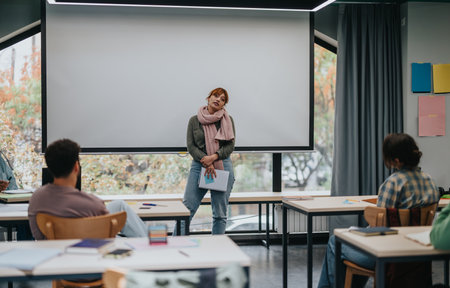 Female student delivers project presentation in a modern classroomの写真素材