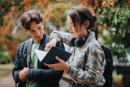 Students engaged in outdoor study session with notesの写真素材