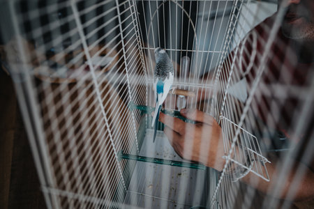 Person caring for a budgerigar in a wire cage, feeding and tending to the pet bird in a cozy home settingの写真素材