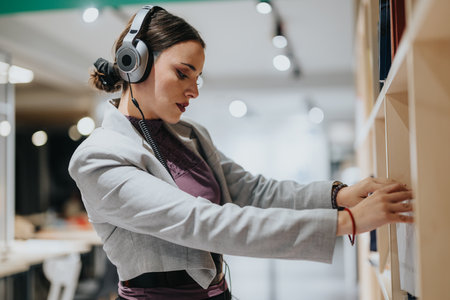 Focused woman wearing headphones working in a modern office environmentの写真素材