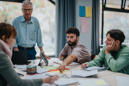 University students collaborating on a project with senior professor guidanceの写真素材