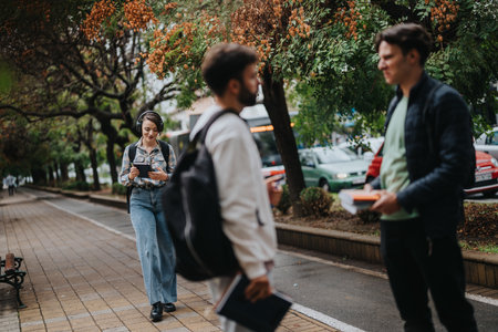 Students walking and talking outdoors on a tree-lined pathwayの写真素材