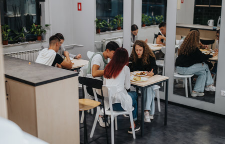 Students enjoying a meal together in a school cafeteria setting with conversations and interactionsの写真素材