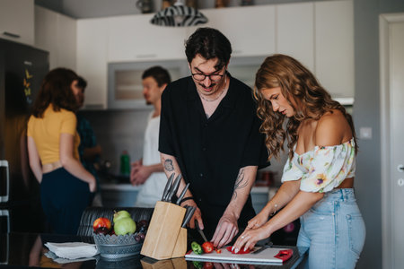 Friends enjoying a casual cooking session in the kitchenの写真素材