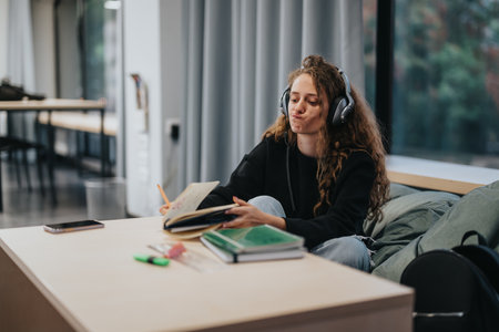 Focused high school student studying with headphones in lounge areaの写真素材