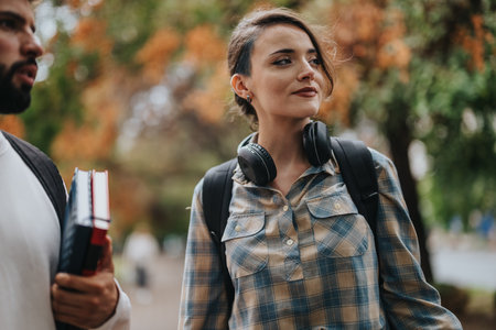 Students discussing outdoors with books and headphonesの写真素材