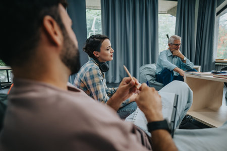 Professor engaging with students in a casual classroom settingの写真素材
