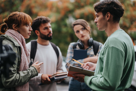 Students engaged in a discussion outdoors with notebooks and pensの写真素材