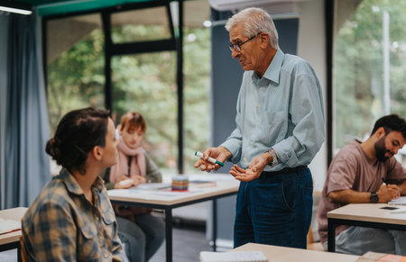 Elderly professor teaching attentive students in classroom settingの写真素材