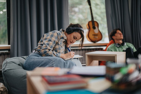Students studying in a cozy room with guitar in backgroundの写真素材