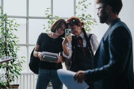 Students engaging with professor in bright study spaceの写真素材