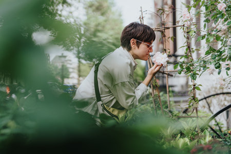Female person enjoying nature and smelling flowers in a peaceful garden setting.の写真素材